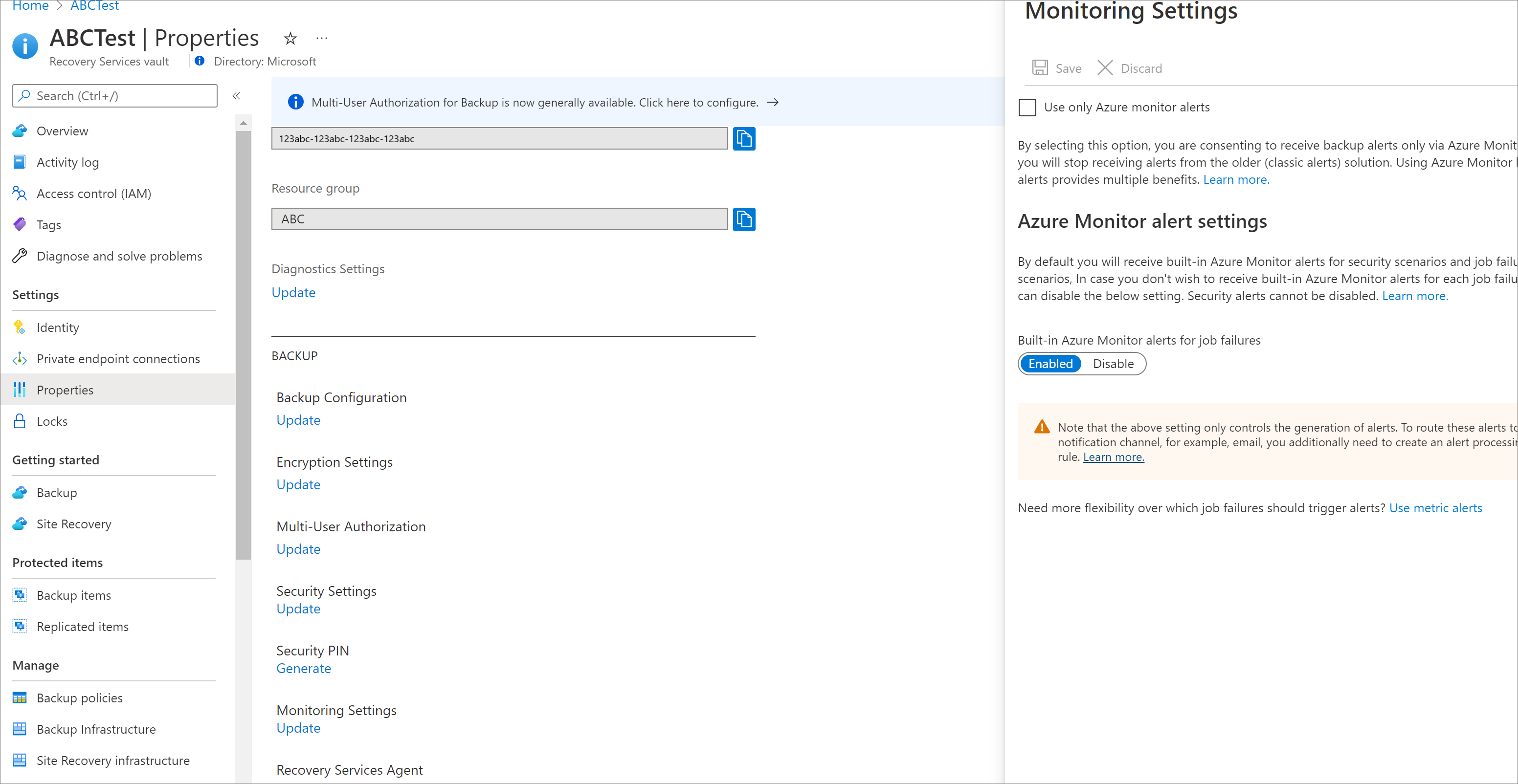 Captura de ecrã a mostrar opções para ativar ou desativar alertas internos da Monitorização do Azure.