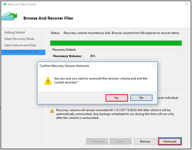 Screenshot da página Recover Data Wizard Browse and Recover Files (restaurar para a mesma máquina) - Confirm Recovery Volume Unmount