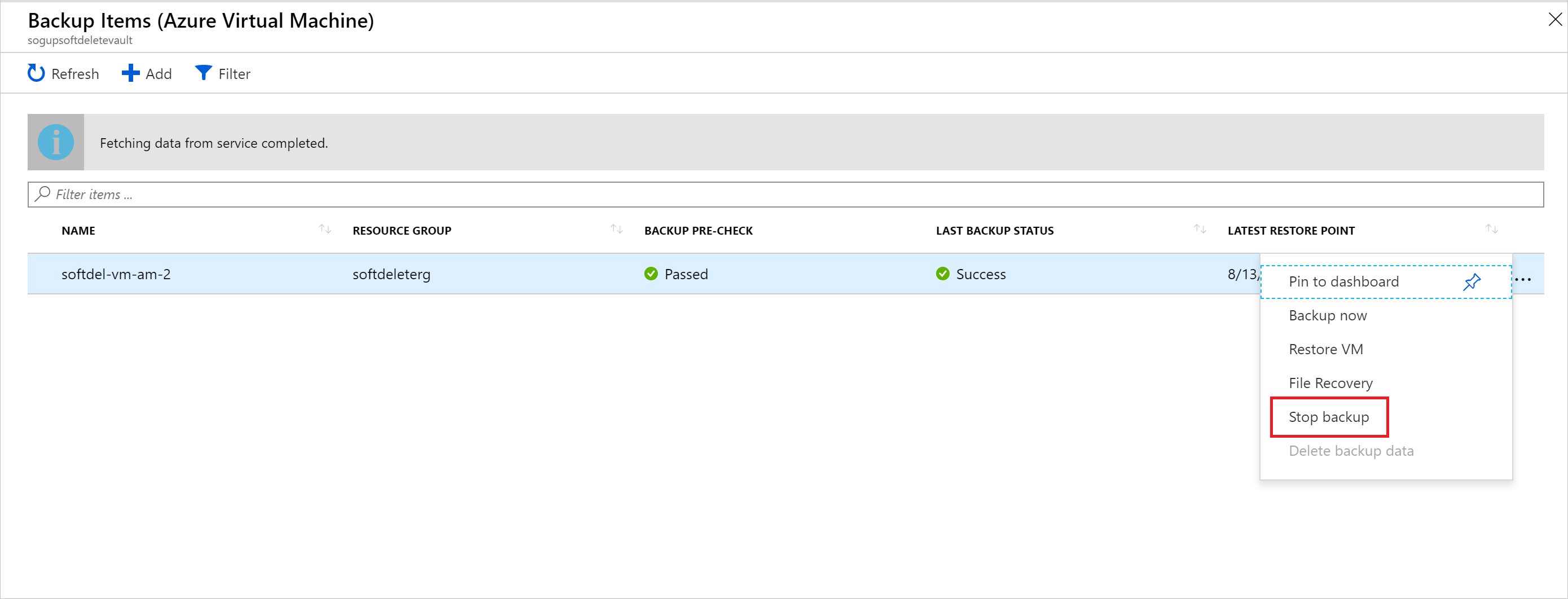 Captura de ecrã dos Itens de Backup do Portal do Azure