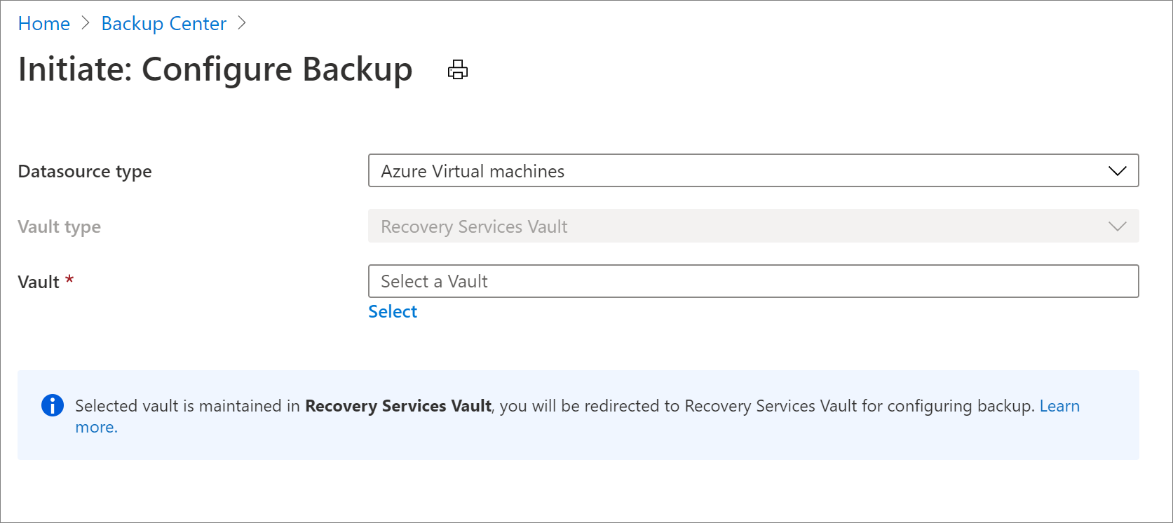 Selecionar fonte de dados para configurar o backup de VM