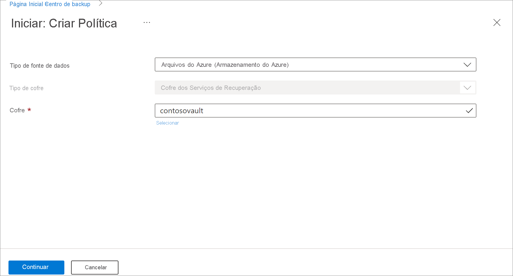 Captura de ecrã a mostrar para selecionar Partilha de ficheiros do Azure como o tipo de política.