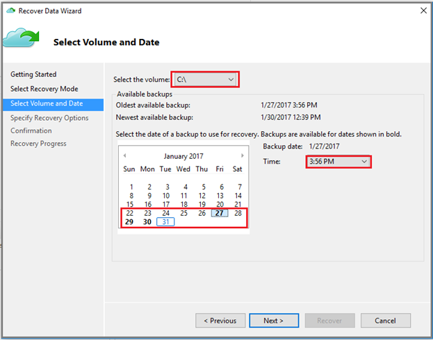 Selecionar volume e data