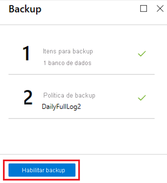 Captura de tela que mostra o botão 'Ativar backup' para fazer backup do banco de dados.