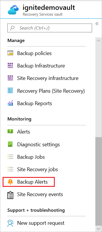 Captura de tela que mostra o link 'Alertas de backup' no painel do cofre dos Serviços de Recuperação.