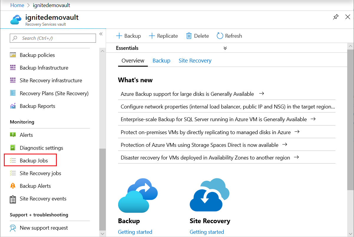 Captura de ecrã a mostrar trabalhos acionados manualmente na secção Trabalhos de cópia de segurança no portal do Azure.