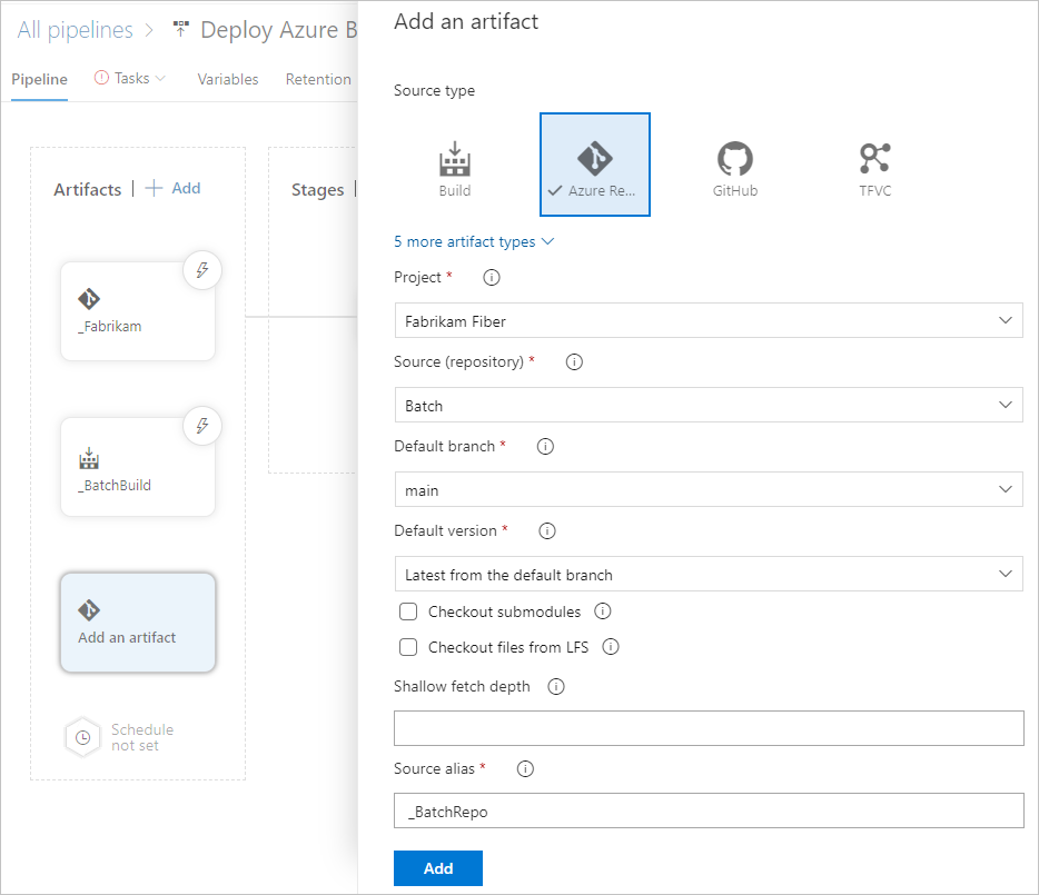 Captura de ecrã a mostrar uma ligação de artefacto para o repositório de Repositórios do Azure.