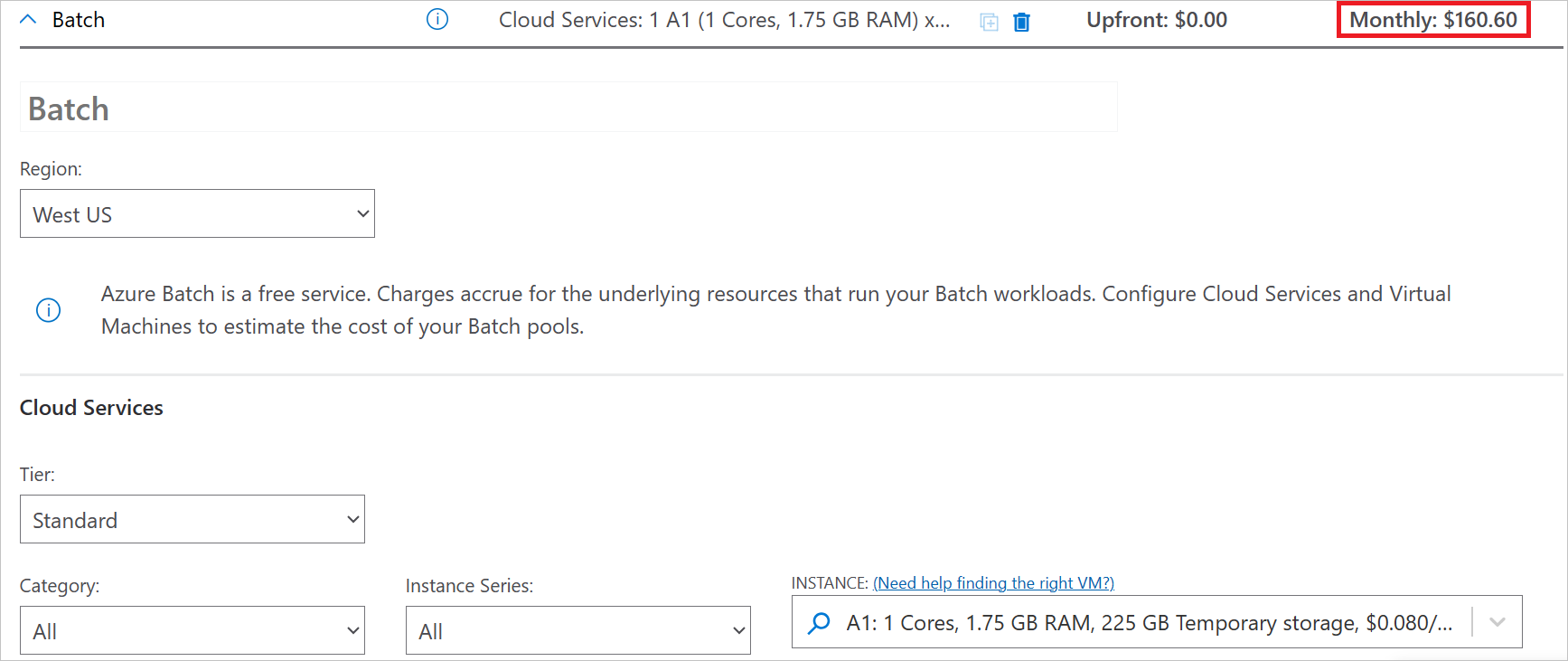 Captura de ecrã a mostrar a secção do seu orçamento e as principais opções disponíveis para o Azure Batch.