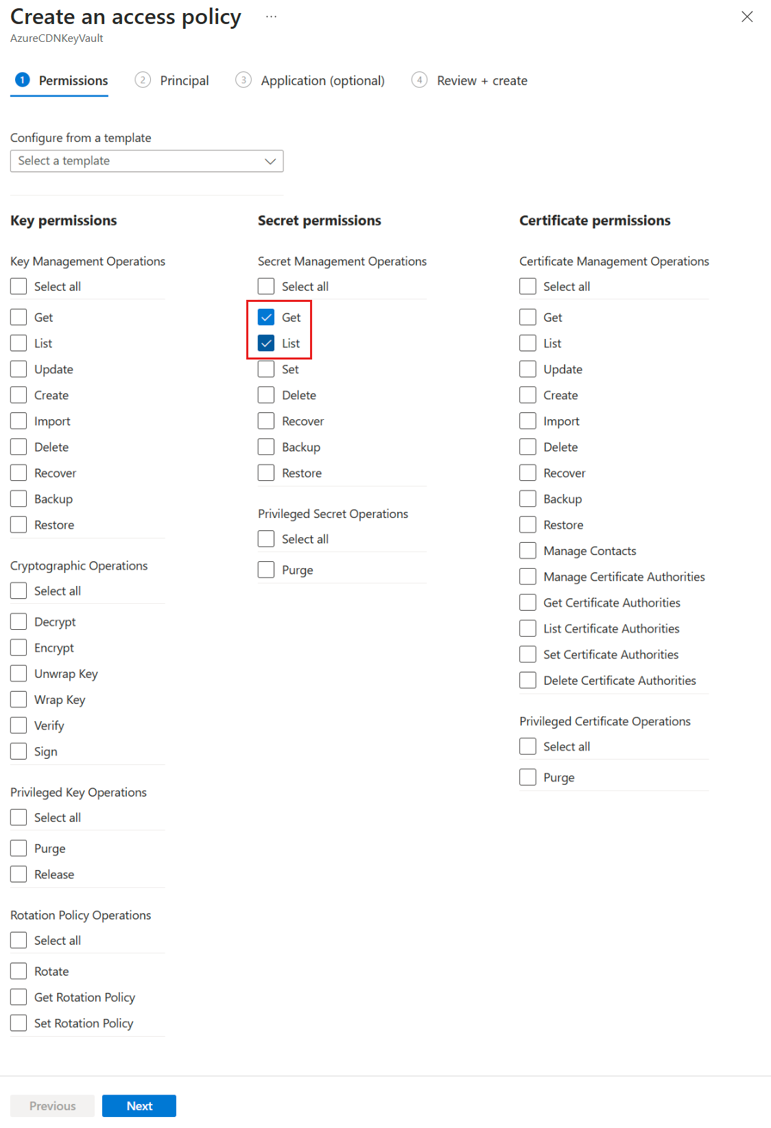 Captura de ecrã do separador permissões para a política de acesso ao Cofre da Chave.