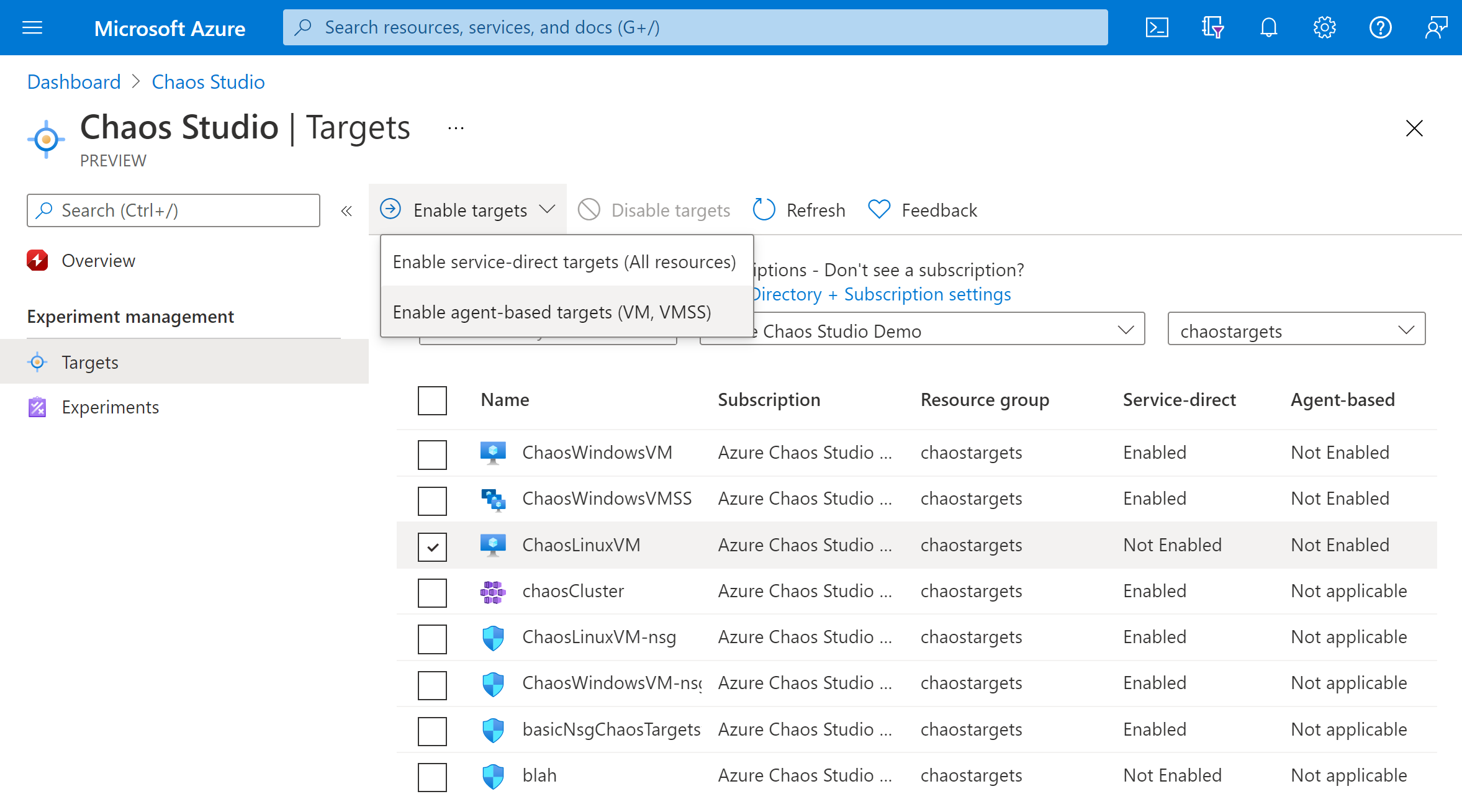 Captura de tela que mostra a habilitação de destinos no portal do Azure.