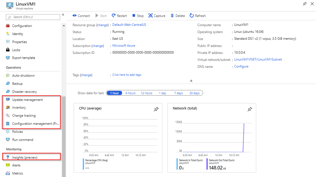 Captura de ecrã das definições da máquina virtual no portal do Azure