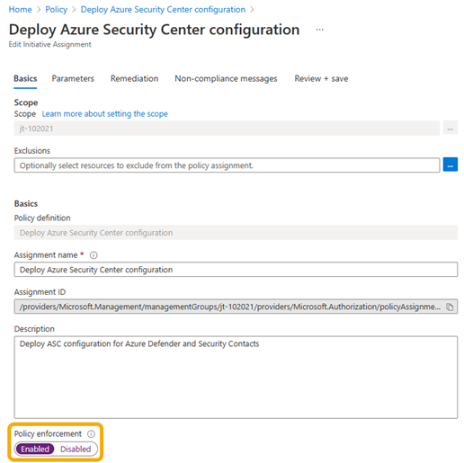 Captura de ecrã que mostra a definição do modo de imposição como Ativado no portal do Azure.