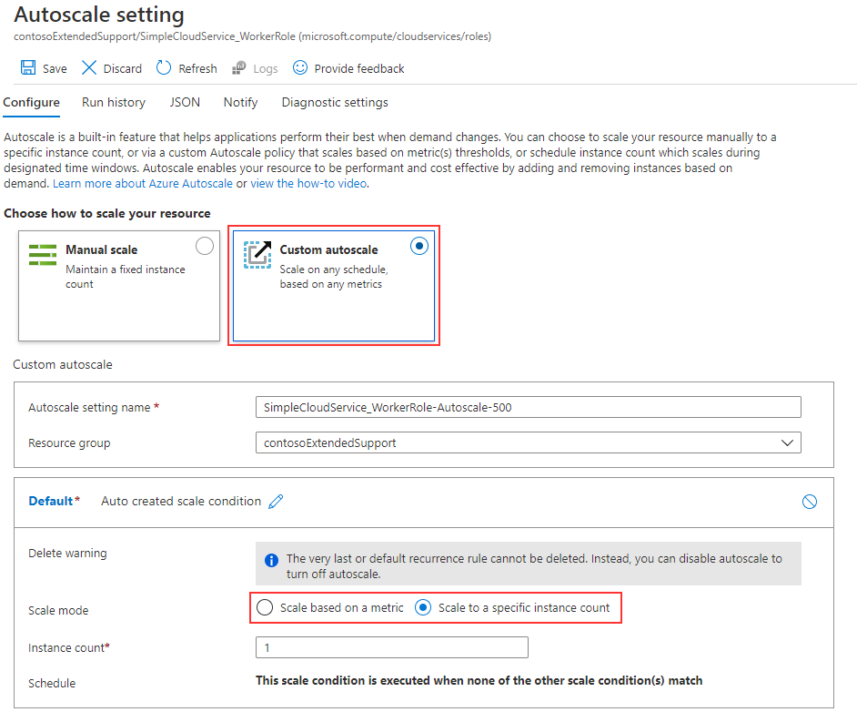 A imagem mostra a configuração do dimensionamento automático personalizado no portal do Azure