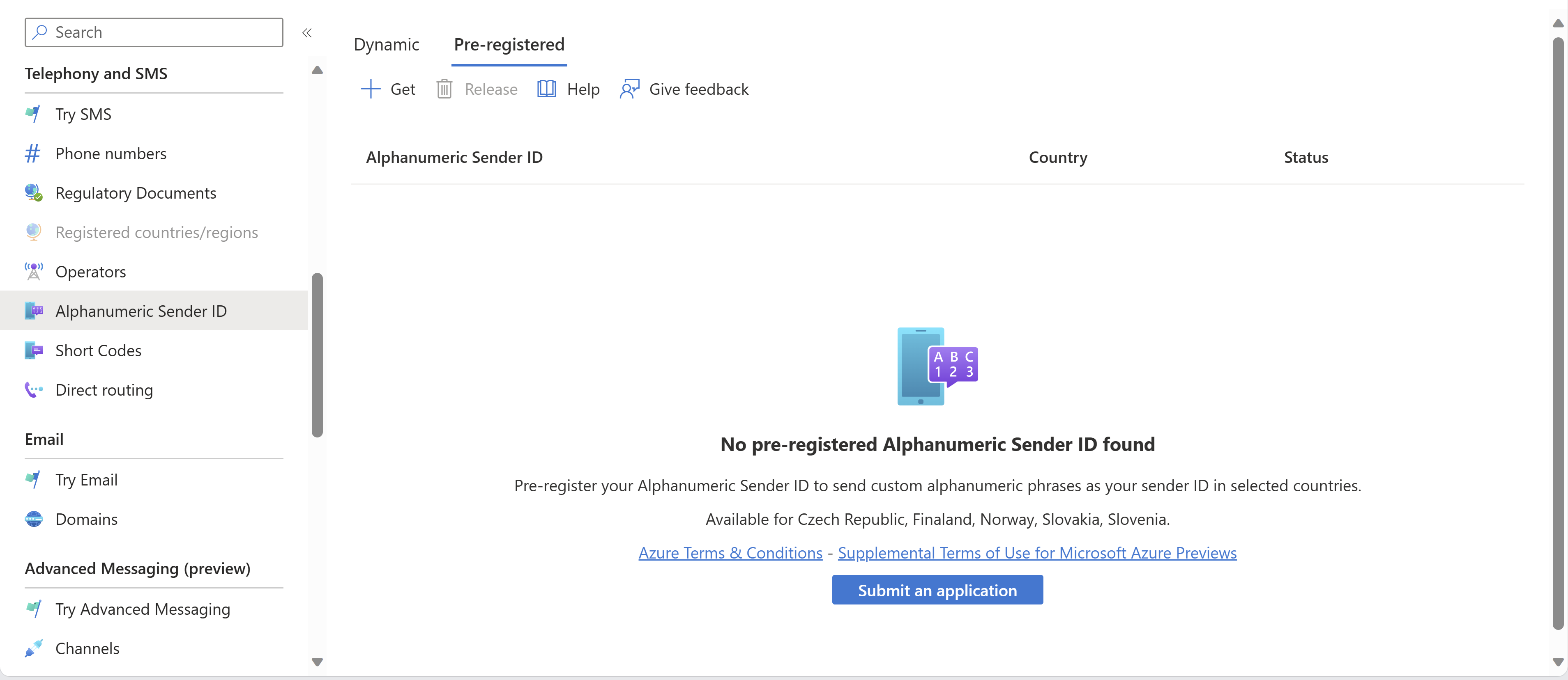 Captura de ecrã a mostrar o separador pré-registado na folha Alphanumeric senderID.