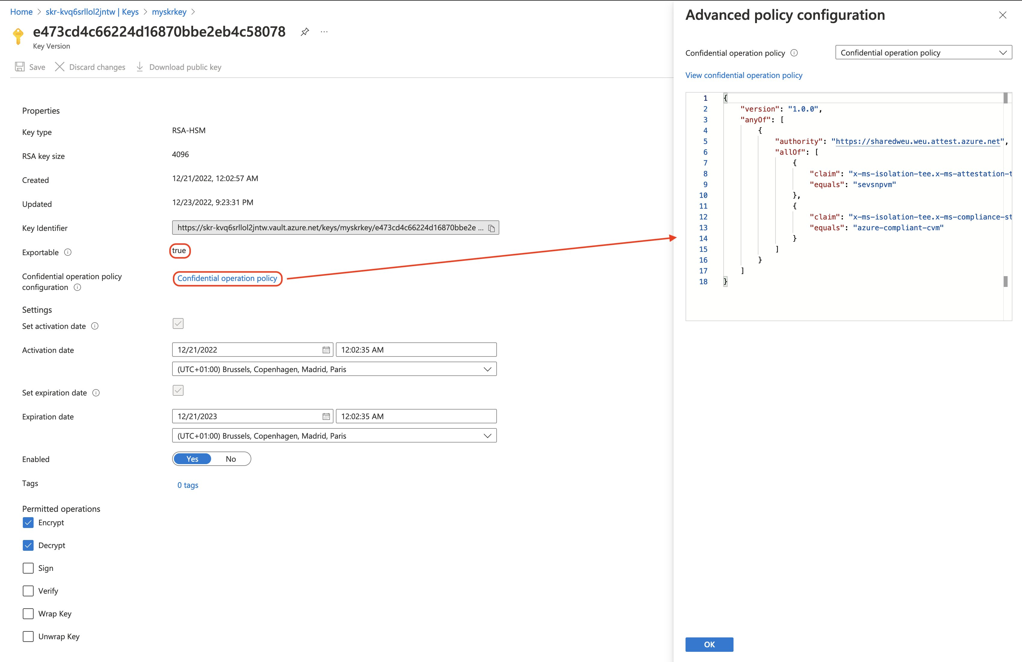 Captura de ecrã do portal do Azure com as definições da chave denominada 'a minha chave SKR' visíveis. Ele mostra outro painel que mostra os detalhes da política de liberação de chave segura.