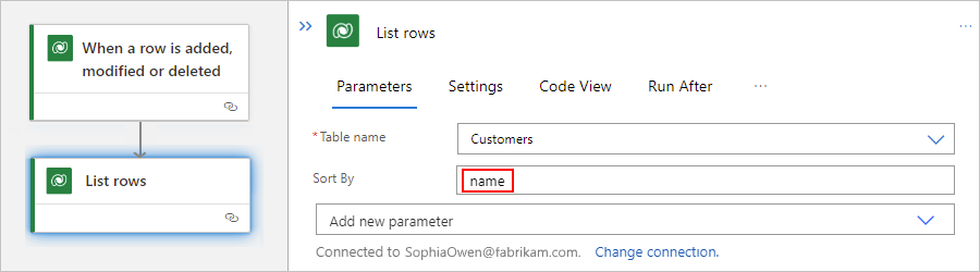 Screenshot shows Standard workflow, a Dataverse action, and Sort By property with column name.