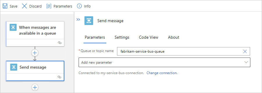 Captura de tela mostrando o fluxo de trabalho padrão, a ação interna do Service Bus e informações de ação de exemplo.