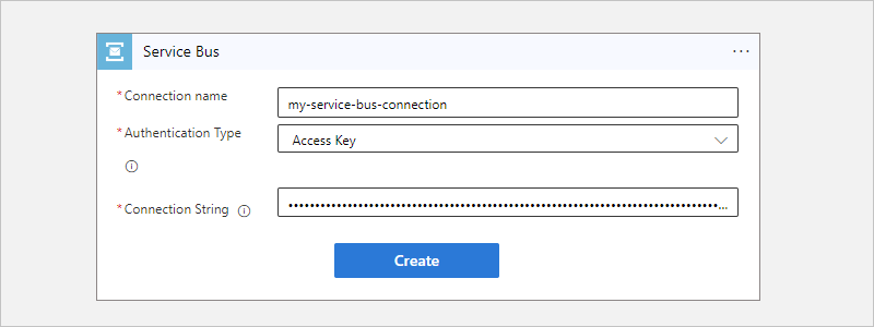 Captura de tela mostrando o fluxo de trabalho de consumo, o gatilho do Service Bus e informações de conexão de exemplo.