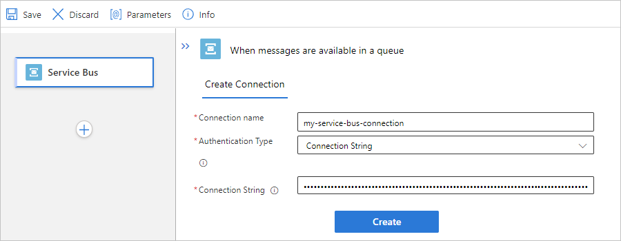 Captura de tela mostrando o fluxo de trabalho padrão, o gatilho interno do Service Bus e informações de conexão de exemplo.