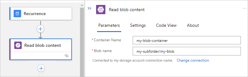 Captura de tela mostrando o fluxo de trabalho padrão com a configuração de ação interna do Blob para a subpasta.