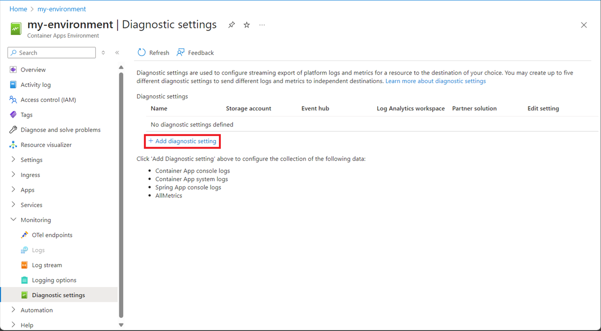 Configuração de diagnóstico de captura de tela Adicione uma nova configuração de diagnóstico.