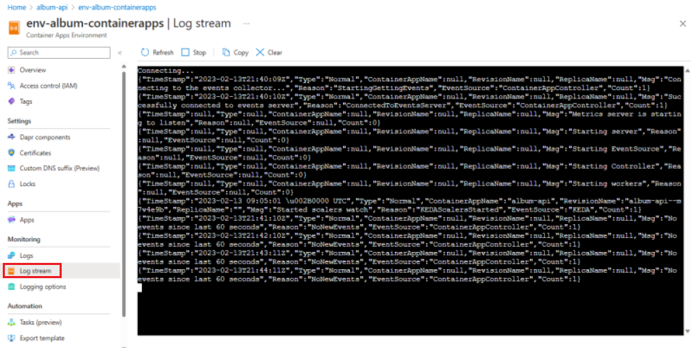 Captura de tela da página de fluxo de log do sistema do ambiente Container Apps.