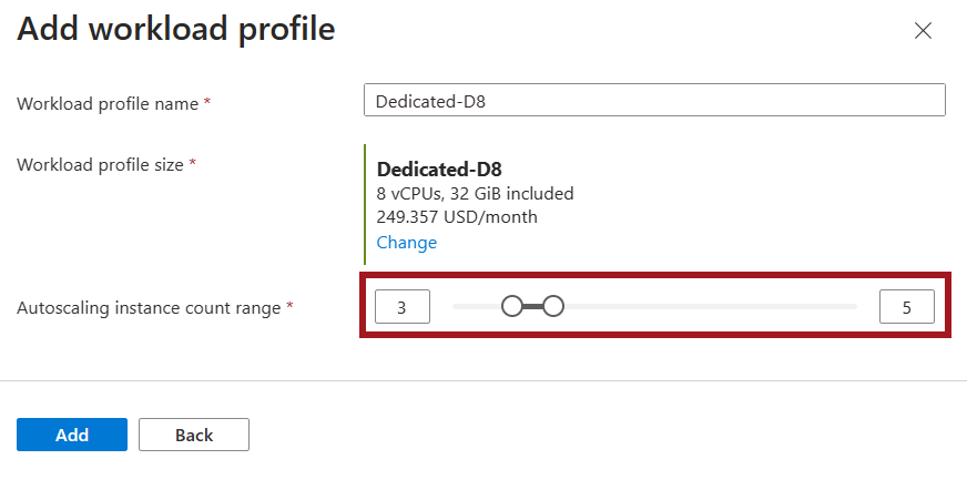 Captura de tela da janela para selecionar as instâncias min e max para um perfil de carga de trabalho.