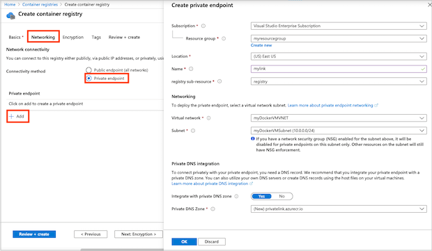 Criar registro com ponto de extremidade privado