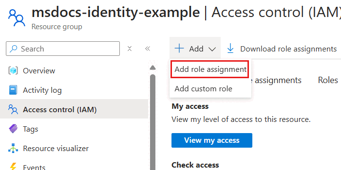 Captura de ecrã da opção 'Adicionar atribuição de função' no menu 'Controlo de Acesso (IAM)' para a opção 'Adicionar'.