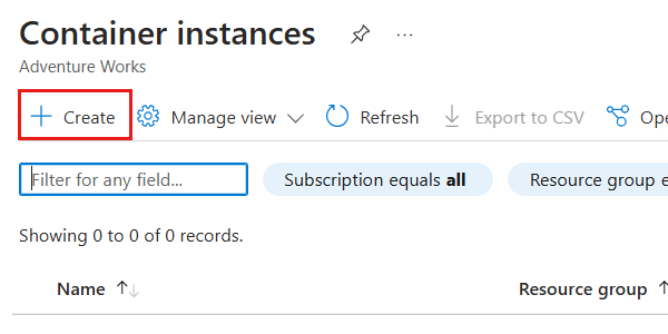 Captura de ecrã da opção 'Criar' no painel para Instâncias de Contentor do Azure.