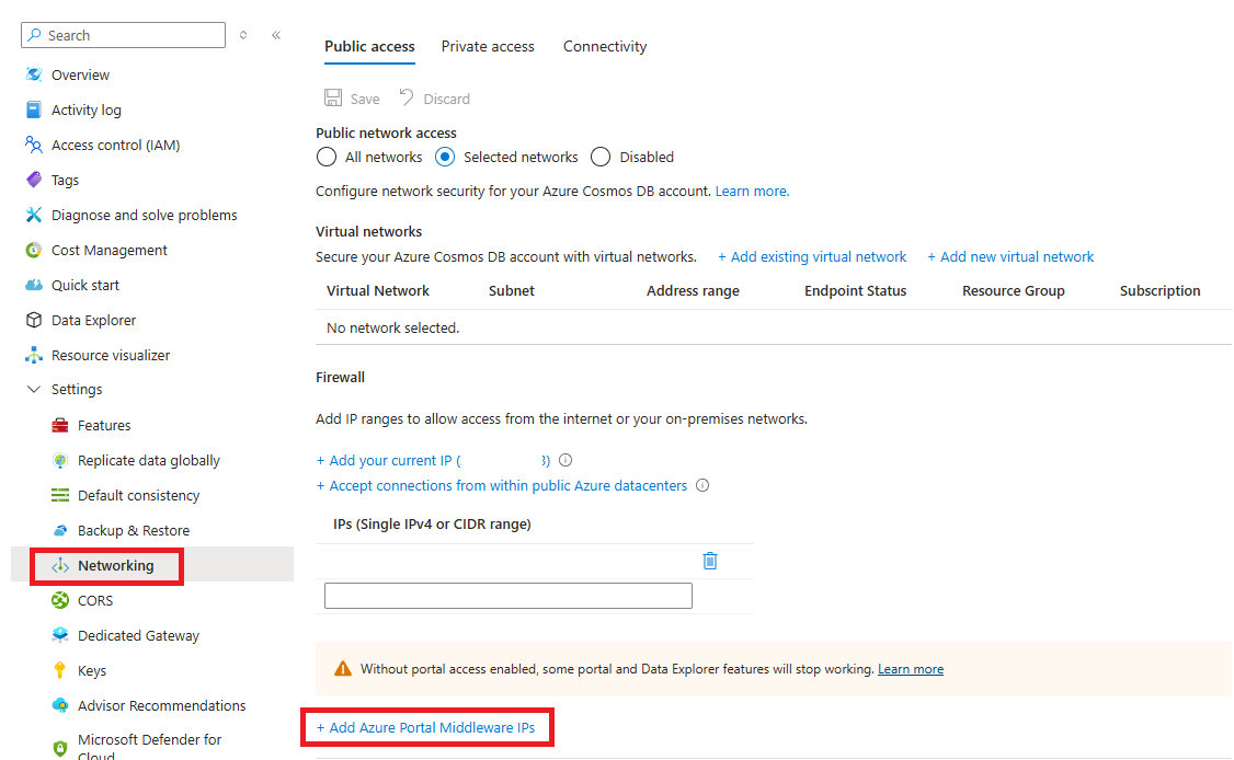 Captura de ecrã das opções para adicionar endereços IP de middleware à rede no portal do Azure.