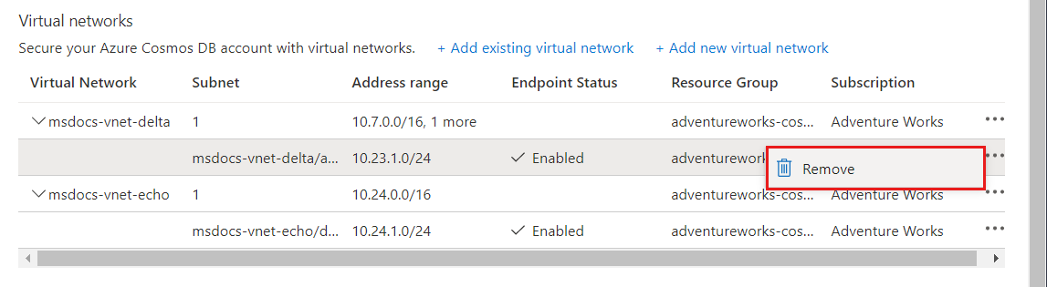 Captura de ecrã da opção de menu para remover uma Rede Virtual do Azure associada.