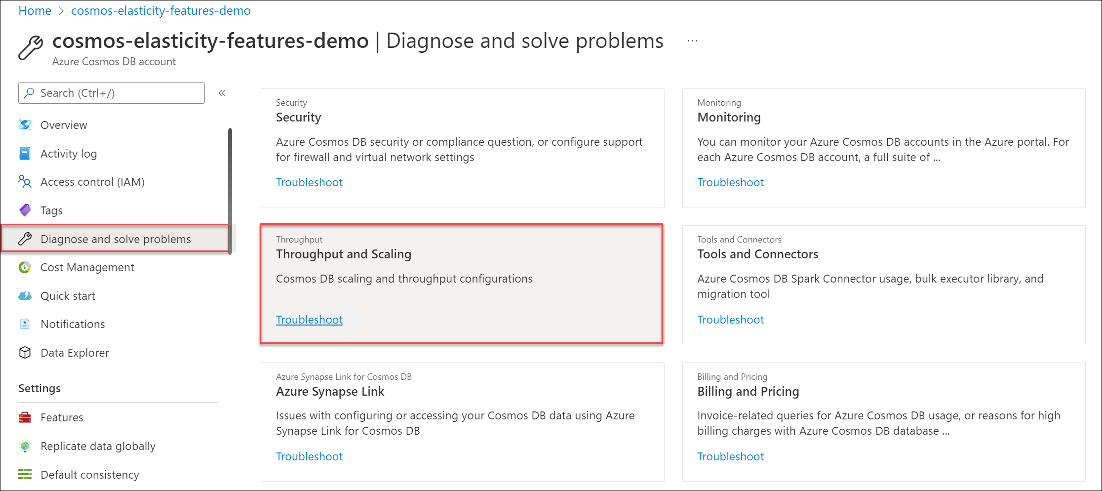 Captura de tela do conteúdo de Taxa de transferência e dimensionamento na página Diagnosticar e resolver problemas.