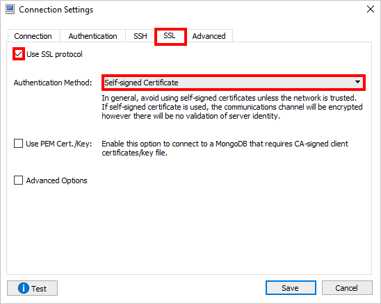 Screenshot do separador Robomongo SSL