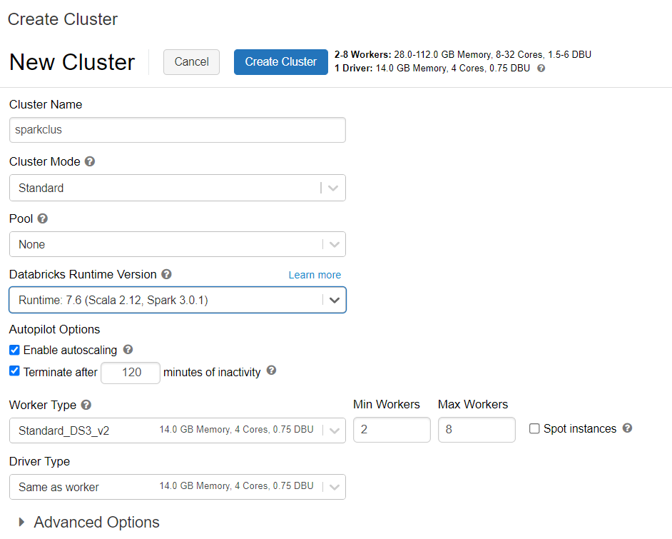 Diagrama de criação de novo cluster databricks.