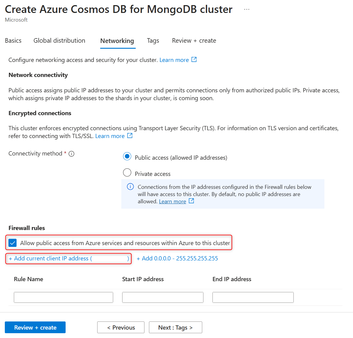 Captura de tela das opções de rede e firewall para um cluster.