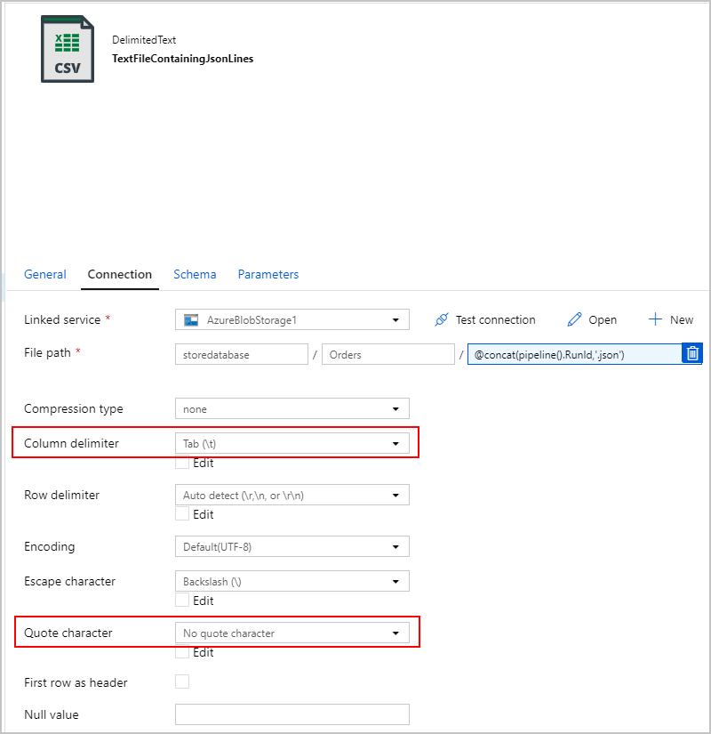 Captura de tela que destaca as configurações do delimitador de coluna e do caractere de citação.