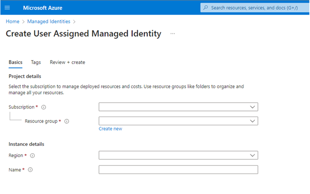 Captura de ecrã da página Identidade gerida atribuída pelo utilizador no portal do Azure.