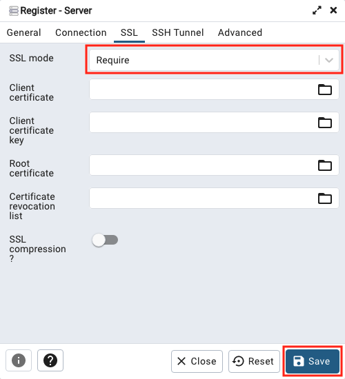 Captura de tela que mostra as configurações de SSL do pgAdmin.