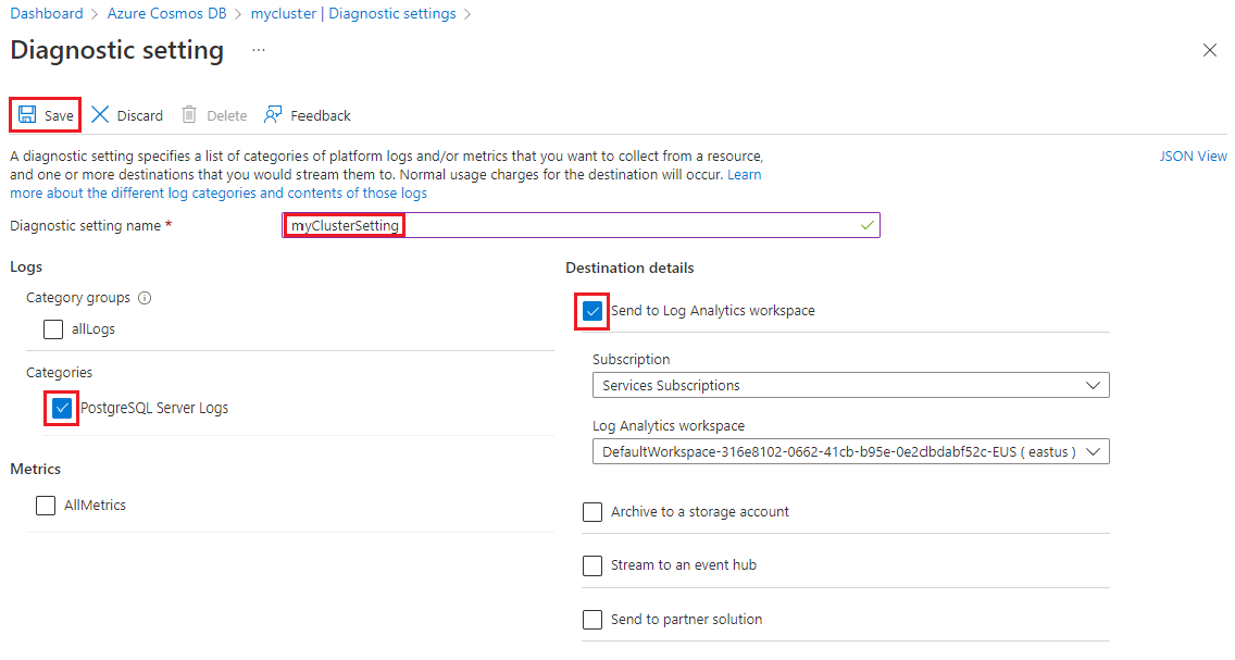 Captura de tela que mostra as configurações para a configuração de diagnóstico.