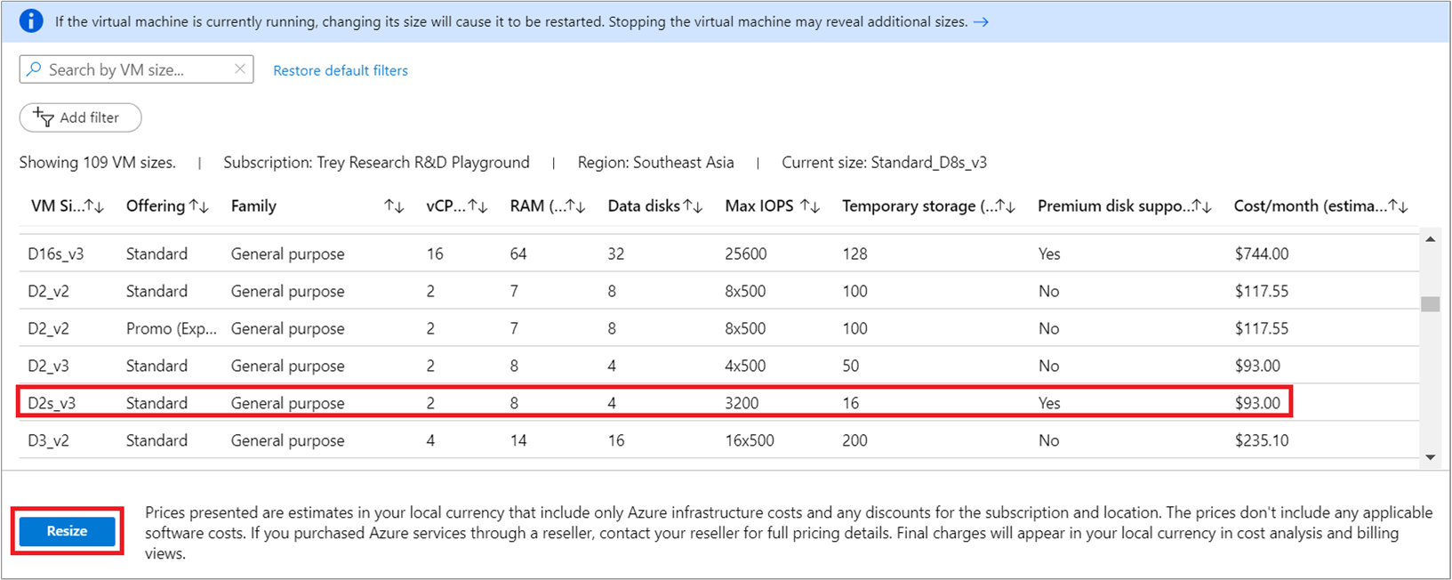 Captura de tela mostrando a lista de tamanhos de VM disponíveis onde você pode escolher um tamanho.