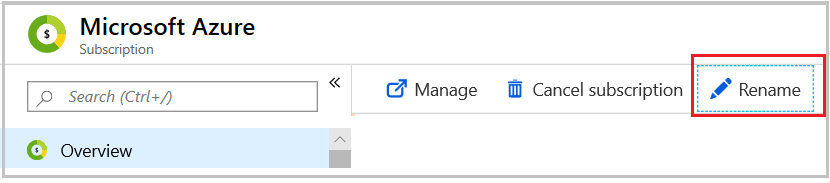 Exemplo de captura de tela de renomear a assinatura do Azure.