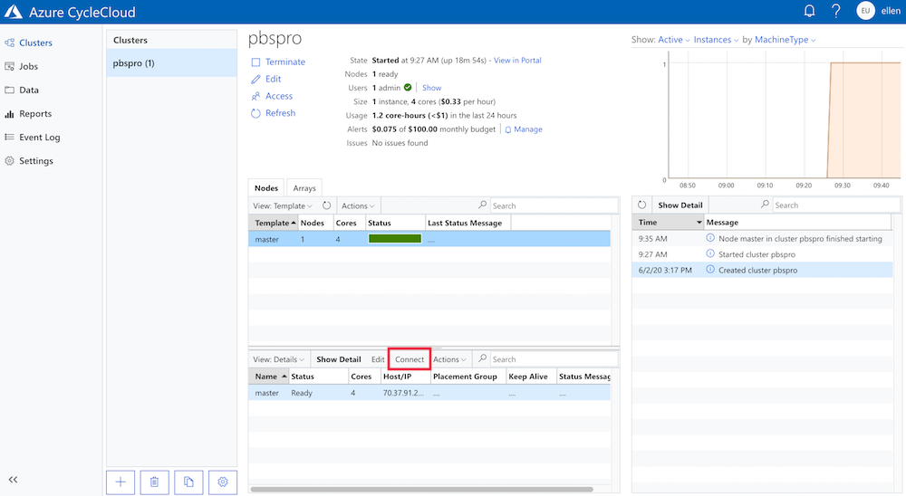 Botão Ligar ao Nó Principal do CycleCloud