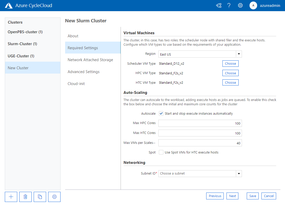 Formulário de Novo Cluster do CycleCloud