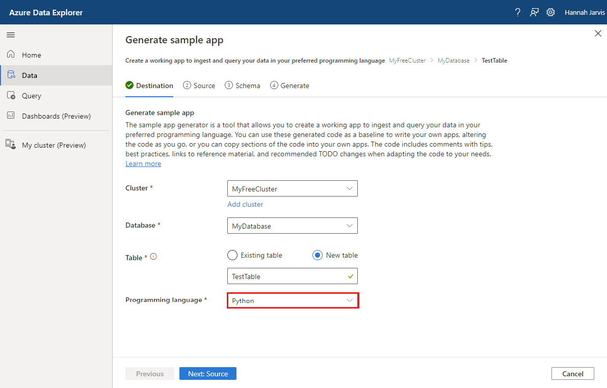 Captura de ecrã a mostrar a IU da Web do Azure Data Explorer a mostrar o separador Destino do gerador de aplicações de exemplo.