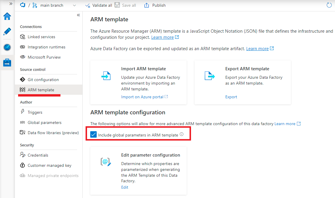 Captura de ecrã de 'Incluir no modelo ARM'.