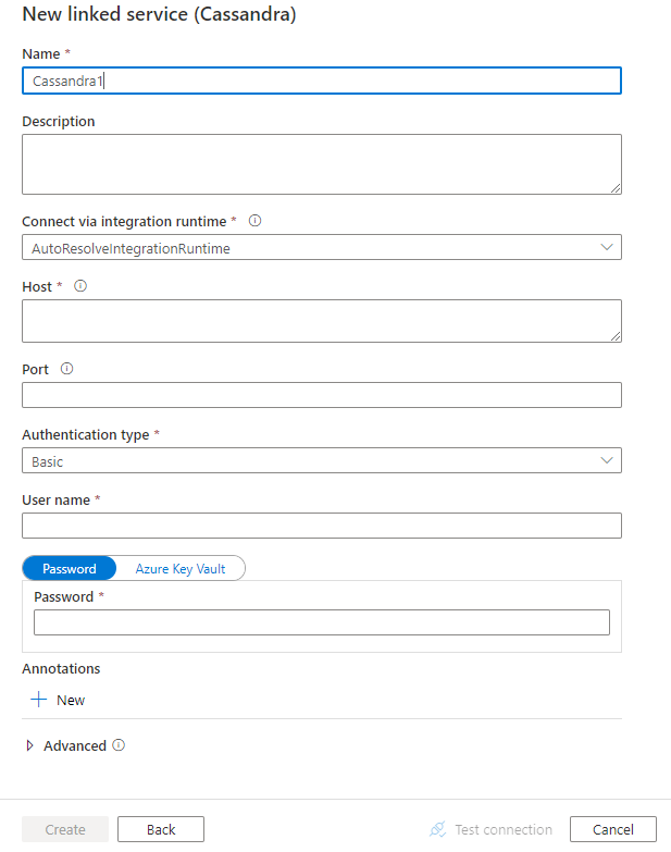 Captura de tela da configuração do serviço vinculado para Cassandra.