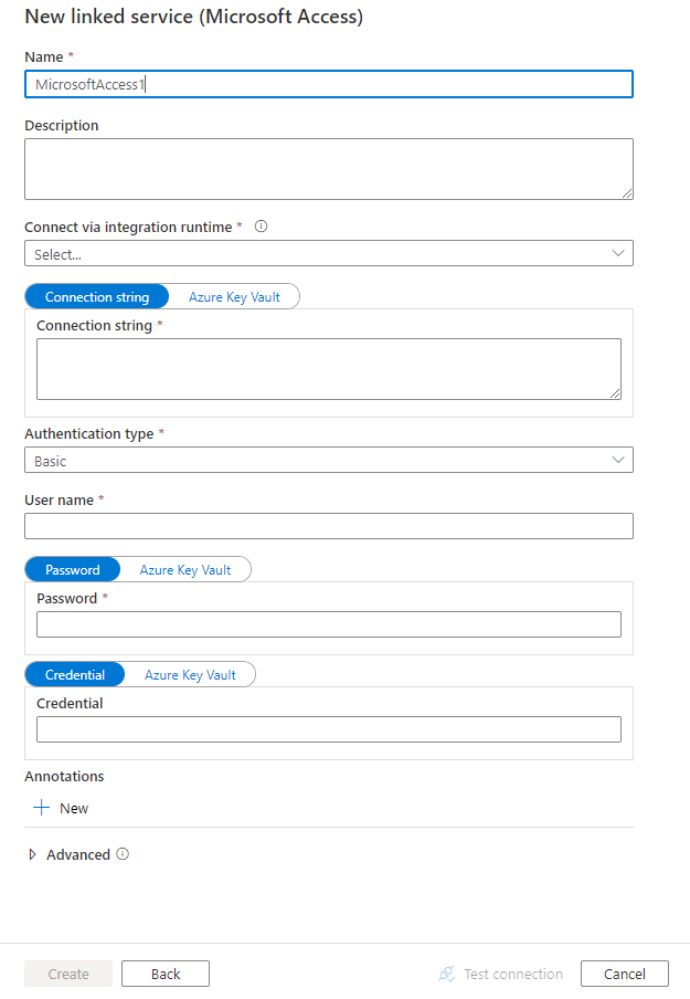 Configure um serviço vinculado ao Microsoft Access.