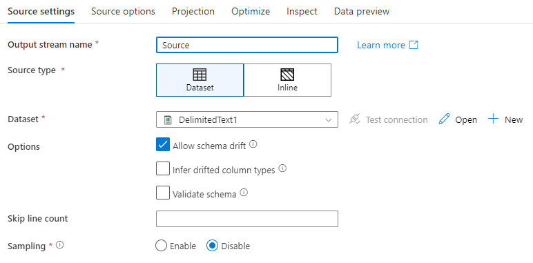 Captura de tela que mostra a guia Configurações de origem.