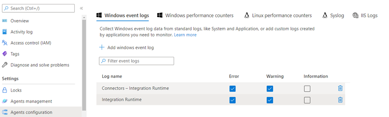 Captura de tela da seleção dos logs relevantes do SHIR com erros e avisos verificados.