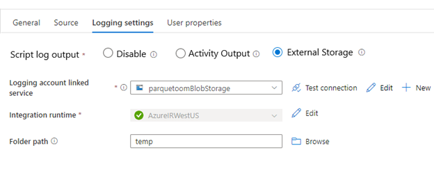 Captura de tela mostrando a interface do usuário para as configurações de log de um script.